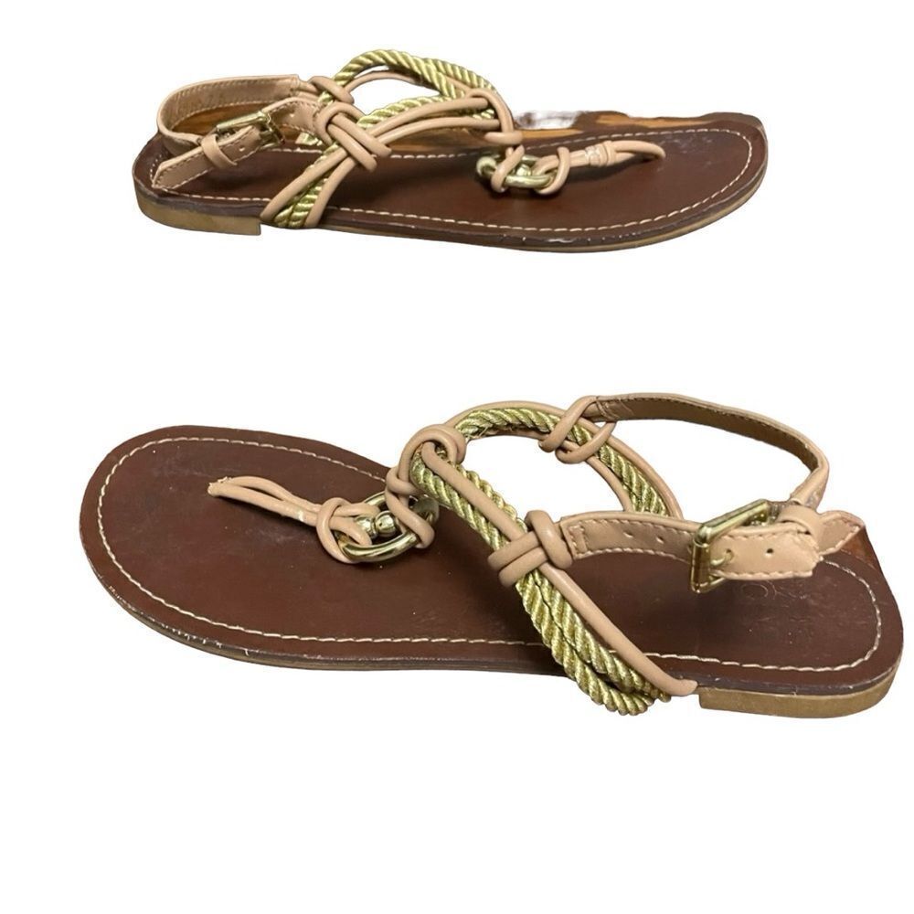 Dolce Vita DV Women's Brown Gold Braid T-Strap Thong Ankle Strap Flat Sandal 7.5